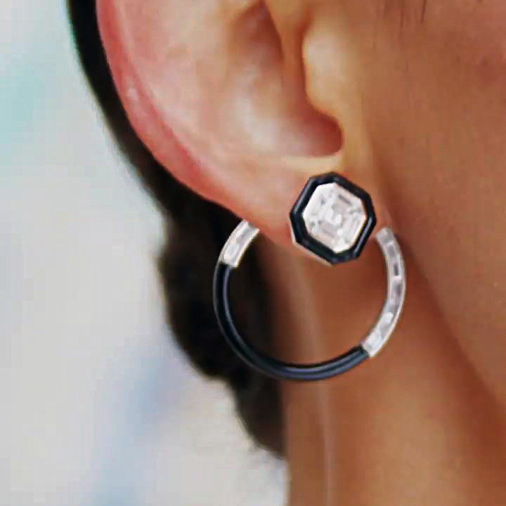 Black Onyx  Design Ascher Cut White Sapphire Hoop Earrings