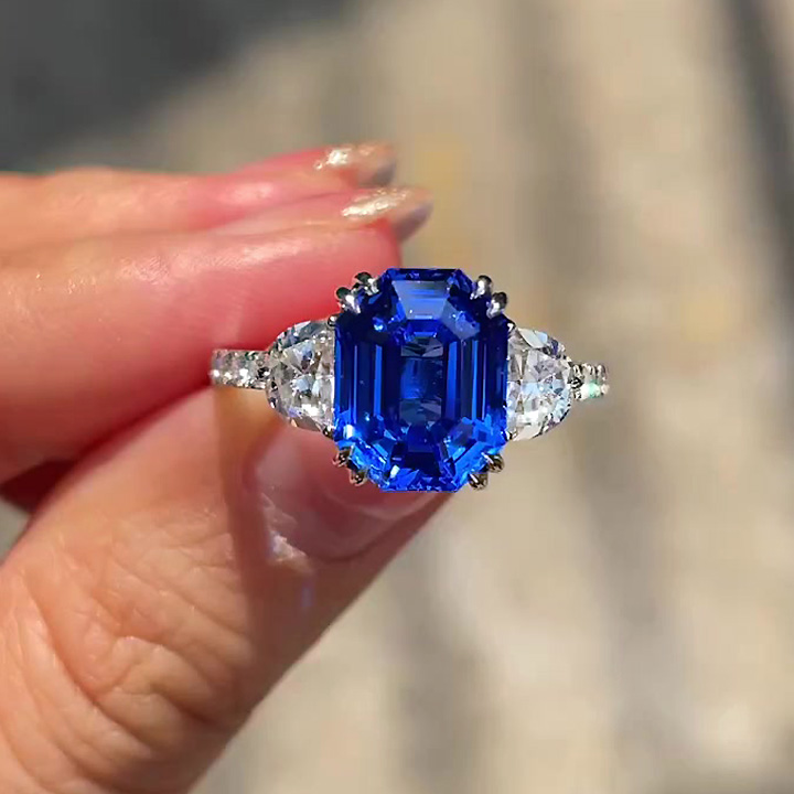 5ct Emerald Cut Blue Sapphire Engagement Ring with 2 Half-moon Stones
