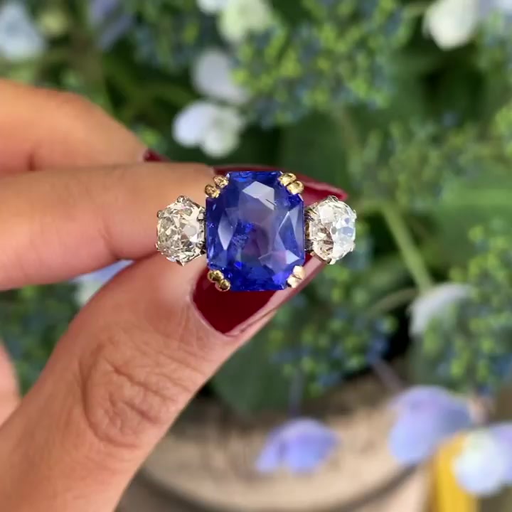 4ct Three-Stone Cushion Cut Blue Sapphire Engagement Ring