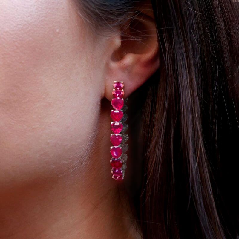 Heart Cut Ruby & White Hoop Earrings In Sterling Silver