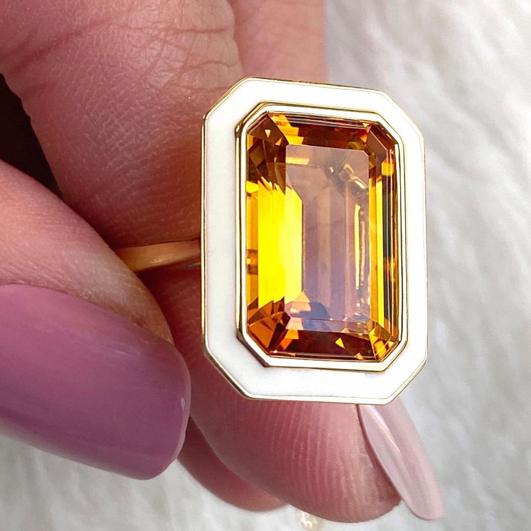 7ct Emerald Cut Yellow Sapphire Ring with White Enamel