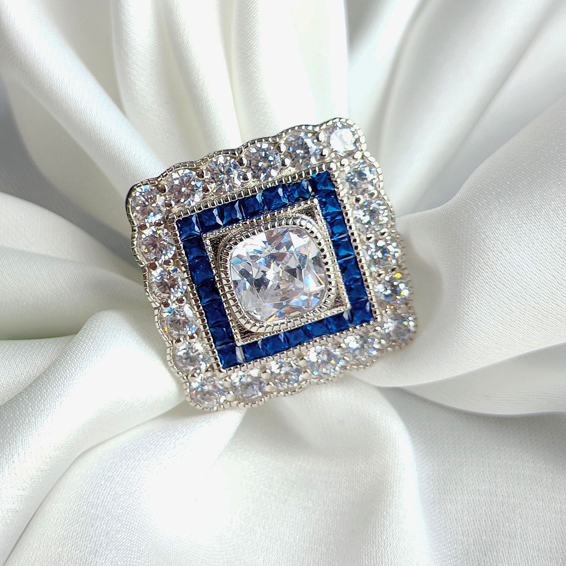 5ct Art Deco Sapphire Halo Cushion Cut White Sapphire Ring