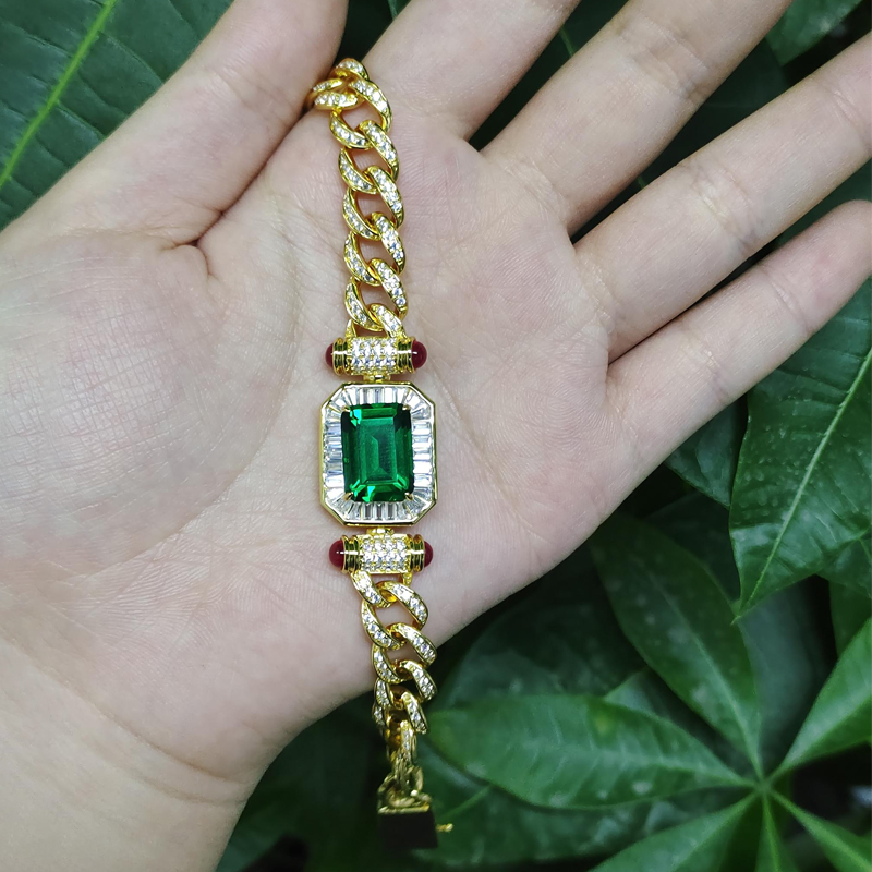 Cuban Chain Emerald Cut Green Sapphire Bracelet