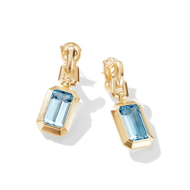 5ct Art Deco Gold Emerald Cut Aquamarine Drop Earrings