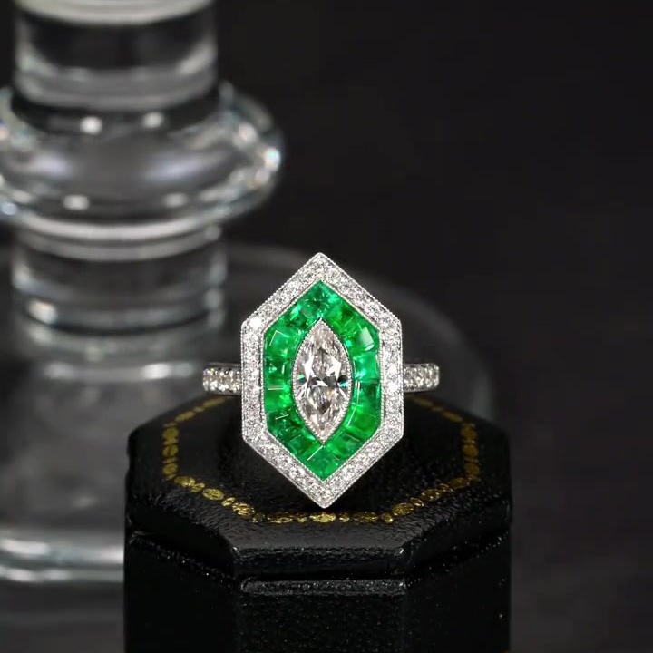 3ct Art Deco Emerald Halo Marquise Cut White Sapphire Ring