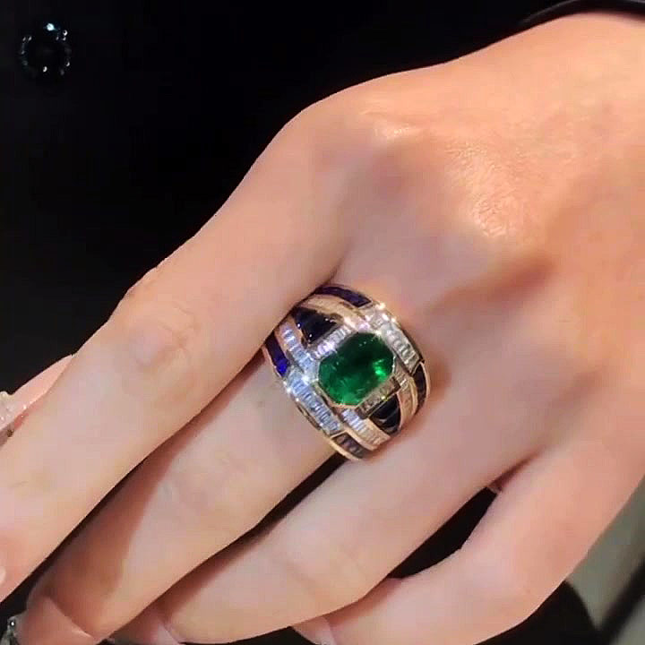 3ct Emerald Cut Emerald Sapphire Cocktail Ring