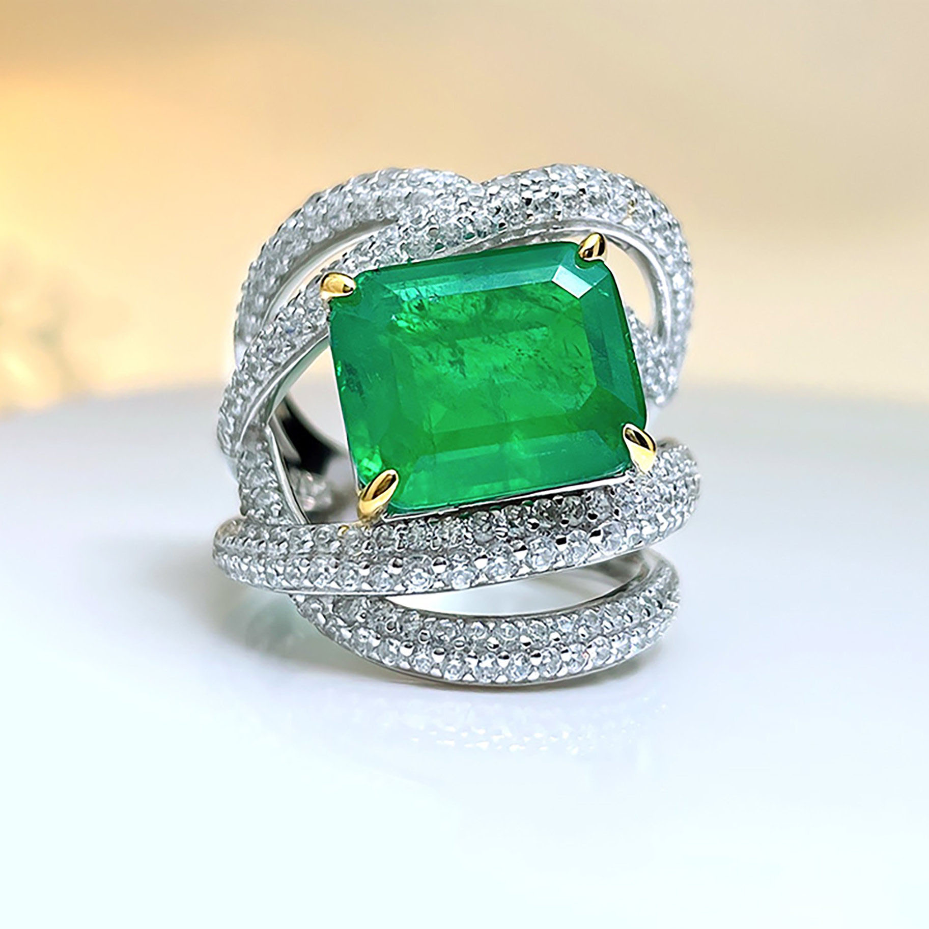 8ct Emerald Cut Vibrant Emerald Sapphire Engagement Ring