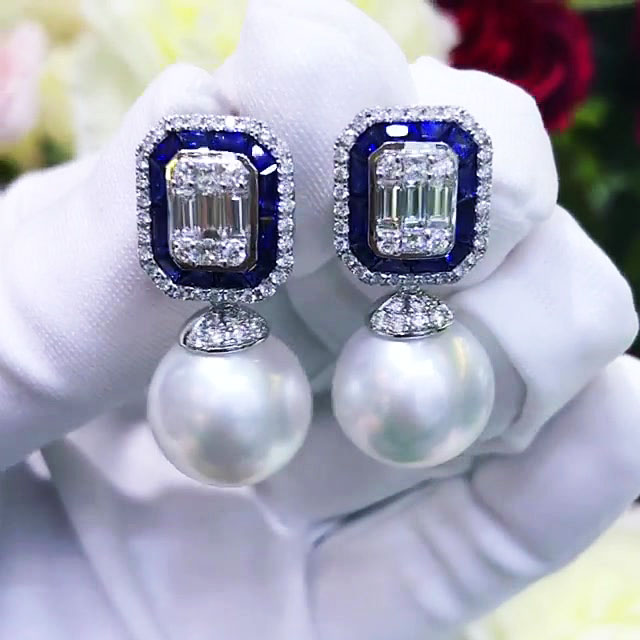 Baguette&Round Cut Blue Sapphire Drop Earrings with Pearl