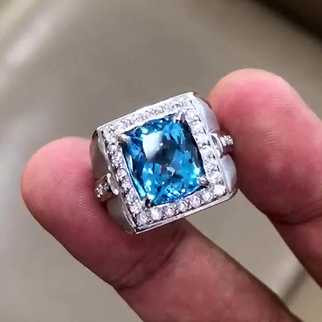 5ct Cushion Cut Aquamarine Sapphire Men's Engagement Ring