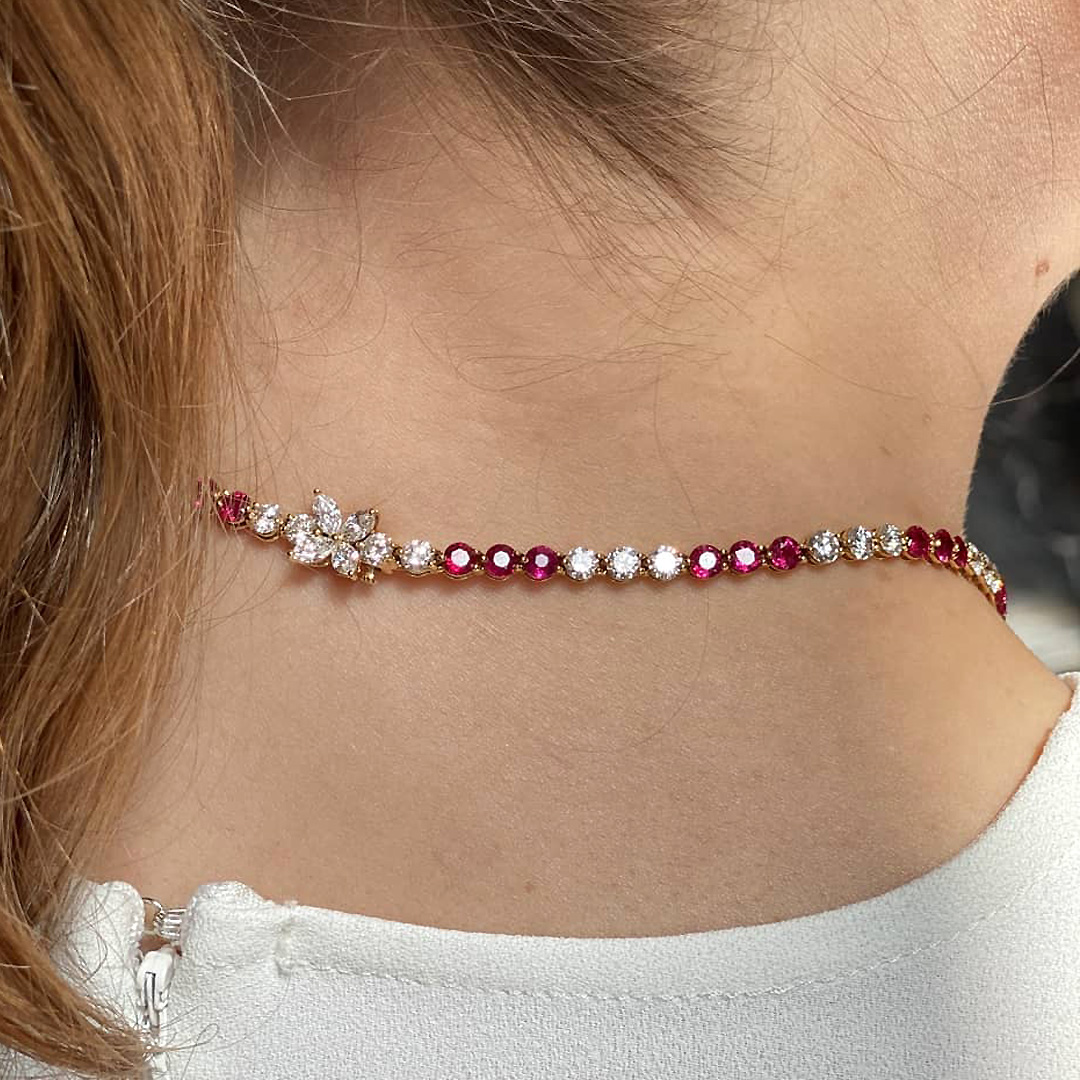 Round Cut Ruby Sapphire Tennis Necklace