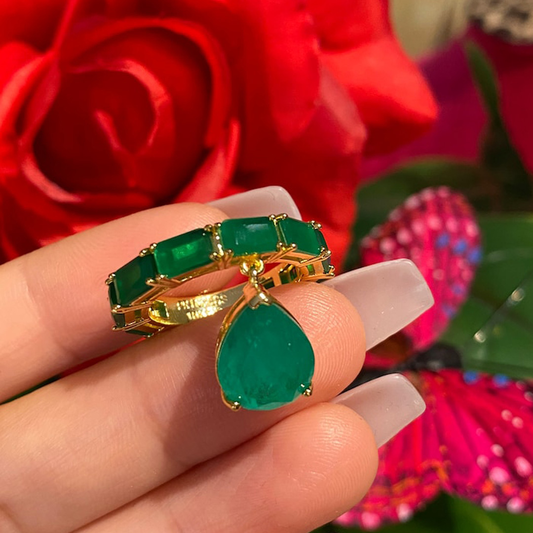 4.75ct Emerald Cut Green Sapphire Eternity Ring With Dangle Drop