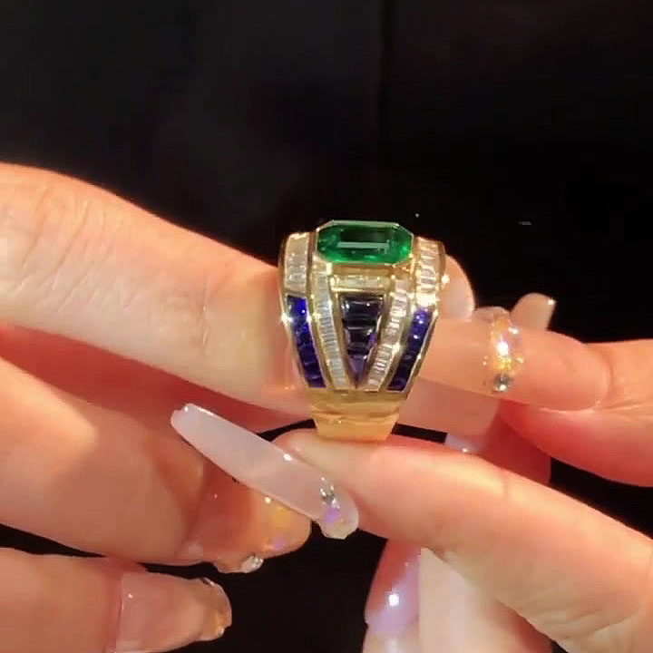3ct Emerald Cut Emerald Sapphire Cocktail Ring