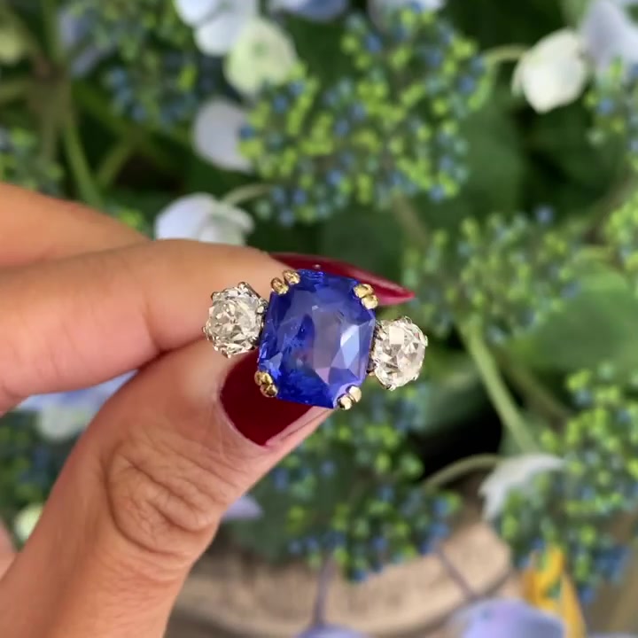 4ct Three-Stone Cushion Cut Blue Sapphire Engagement Ring