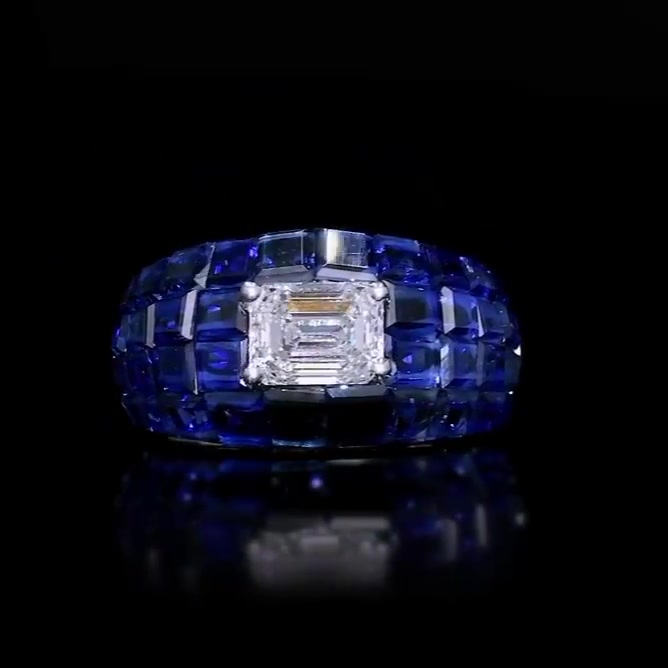 7.2ct Round&Emerald Cut Blue Sapphire Wedding Ring