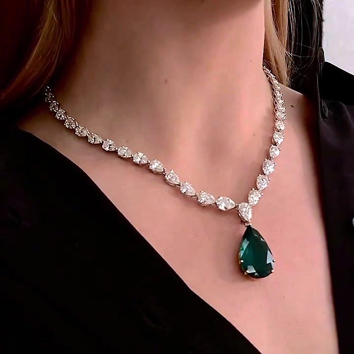 Pear Cut Emerald Sapphire Pendant Necklace