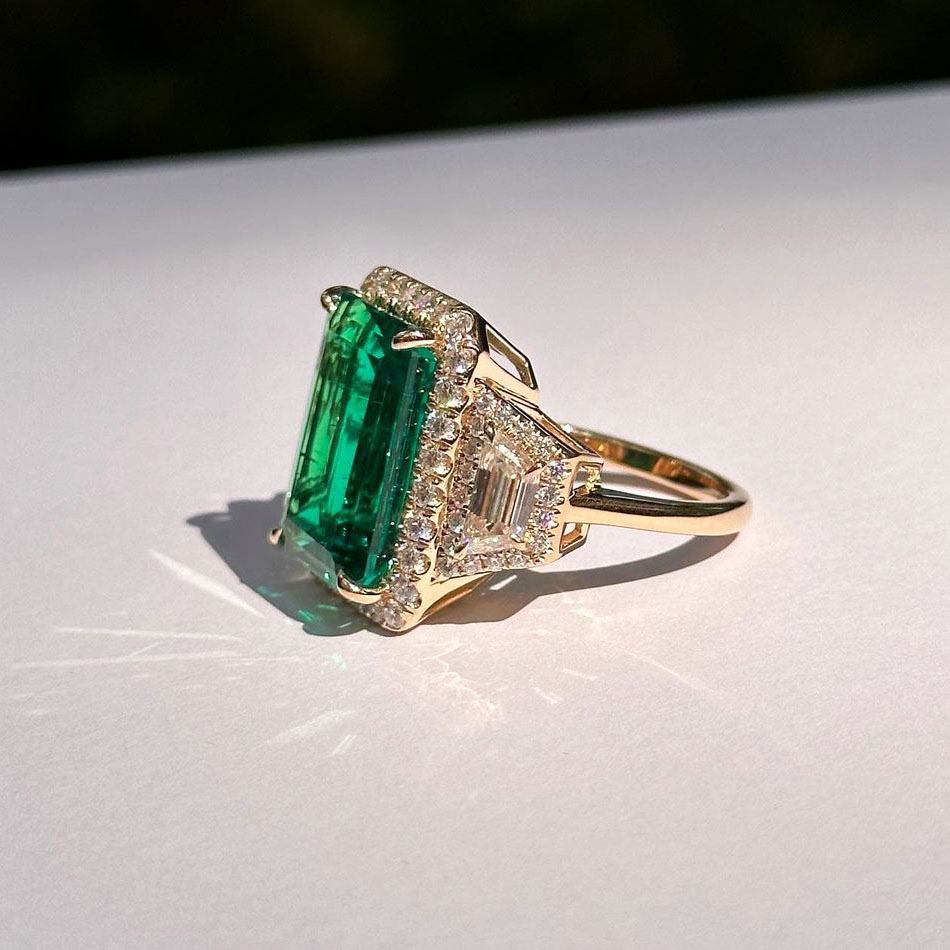 4ct Three-Stone Emerald Cut Emerald Sapphire Engagement Ring