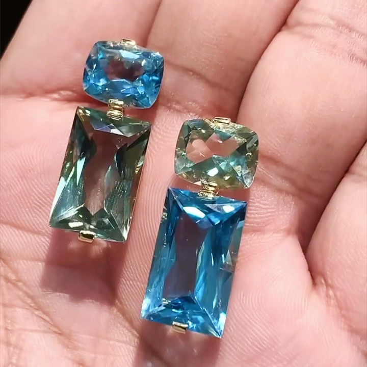 8ct Cushion&Baguette Cut Aquamarine Sapphire Drop Earrings