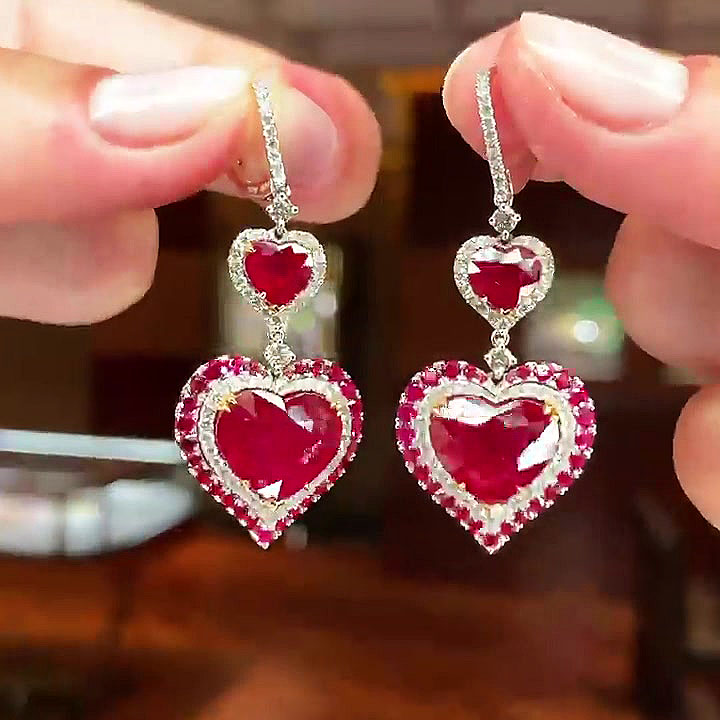 Heart Cut Ruby Sapphire Drop Earrings