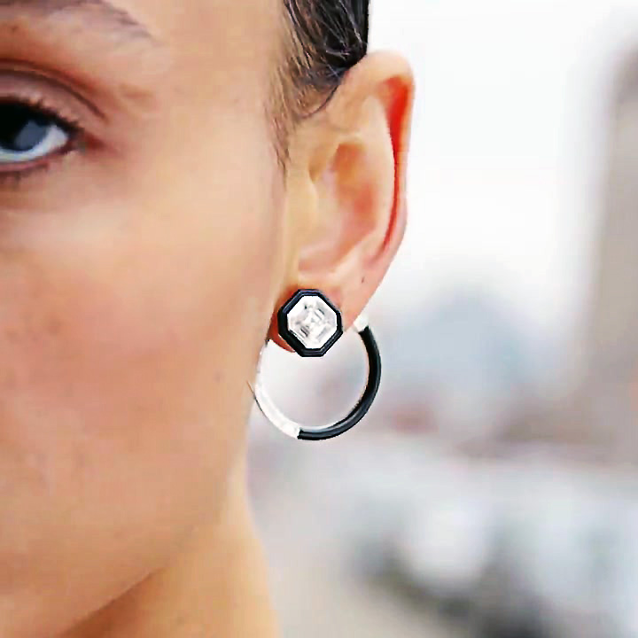 Black Onyx  Design Ascher Cut White Sapphire Hoop Earrings