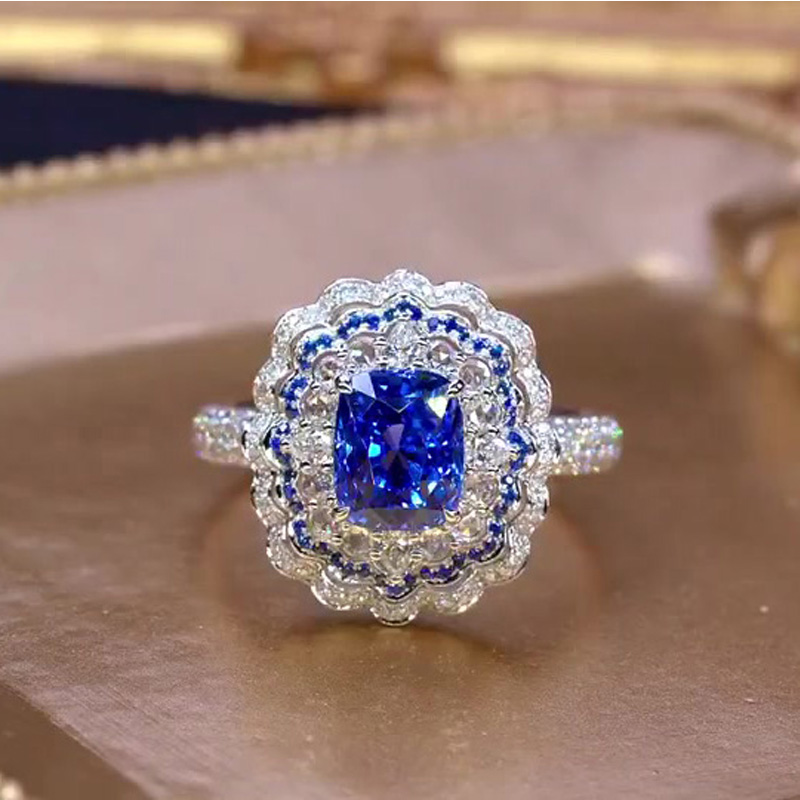 4ct Art Deco Halo Cushion Cut Blue Sapphire Engagement Ring
