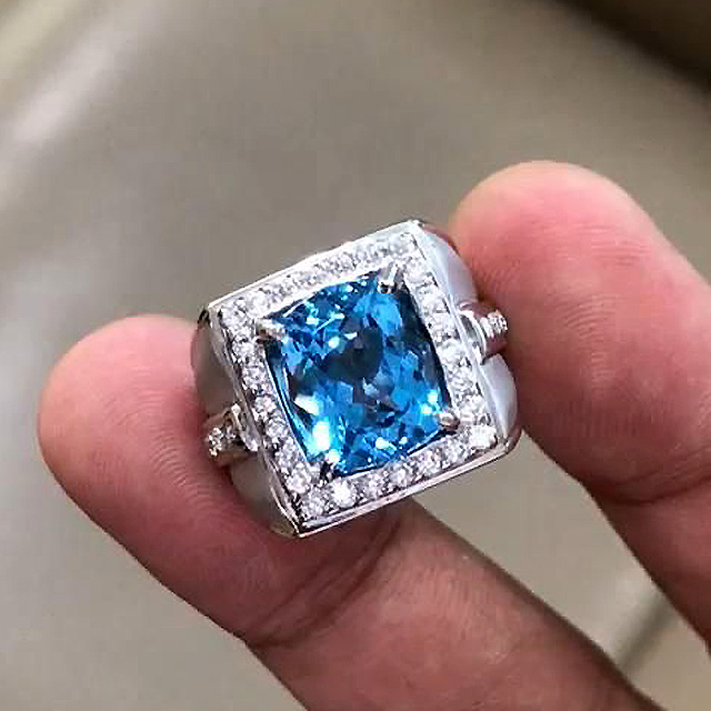5ct Cushion Cut Aquamarine Sapphire Men's Engagement Ring