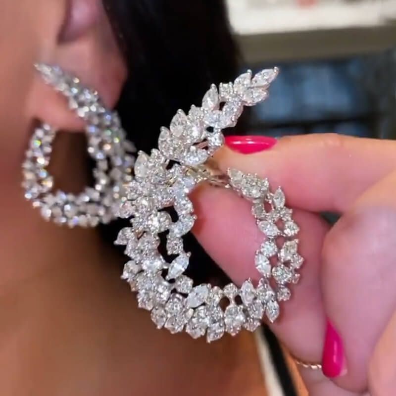 Leaf Design Marquise & Round Cut Circle Earrings In Sterling Silver