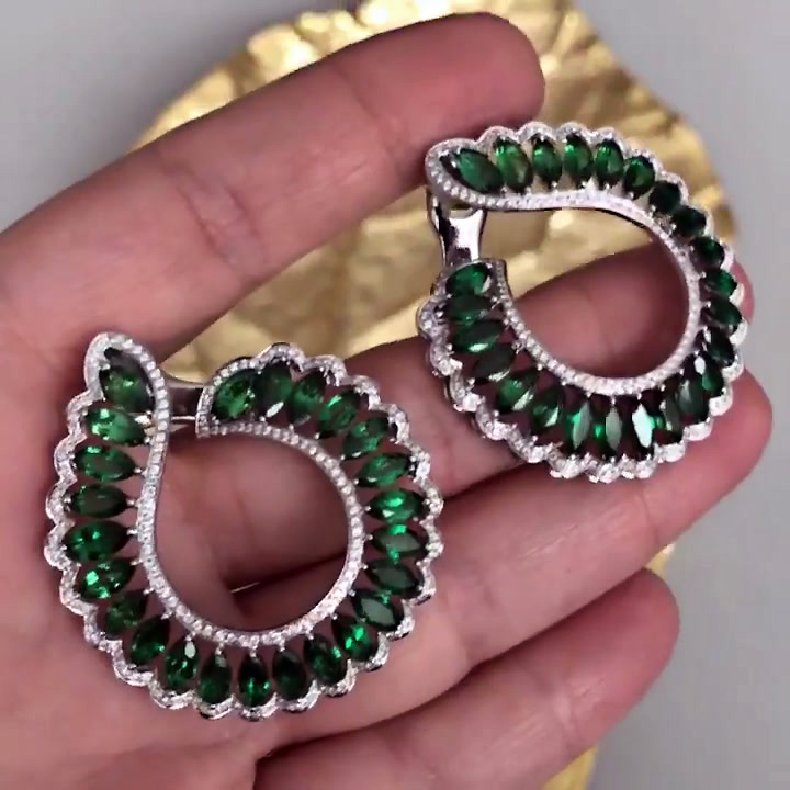 Pear Cut Emerald&White Sapphire Hoop Earrings