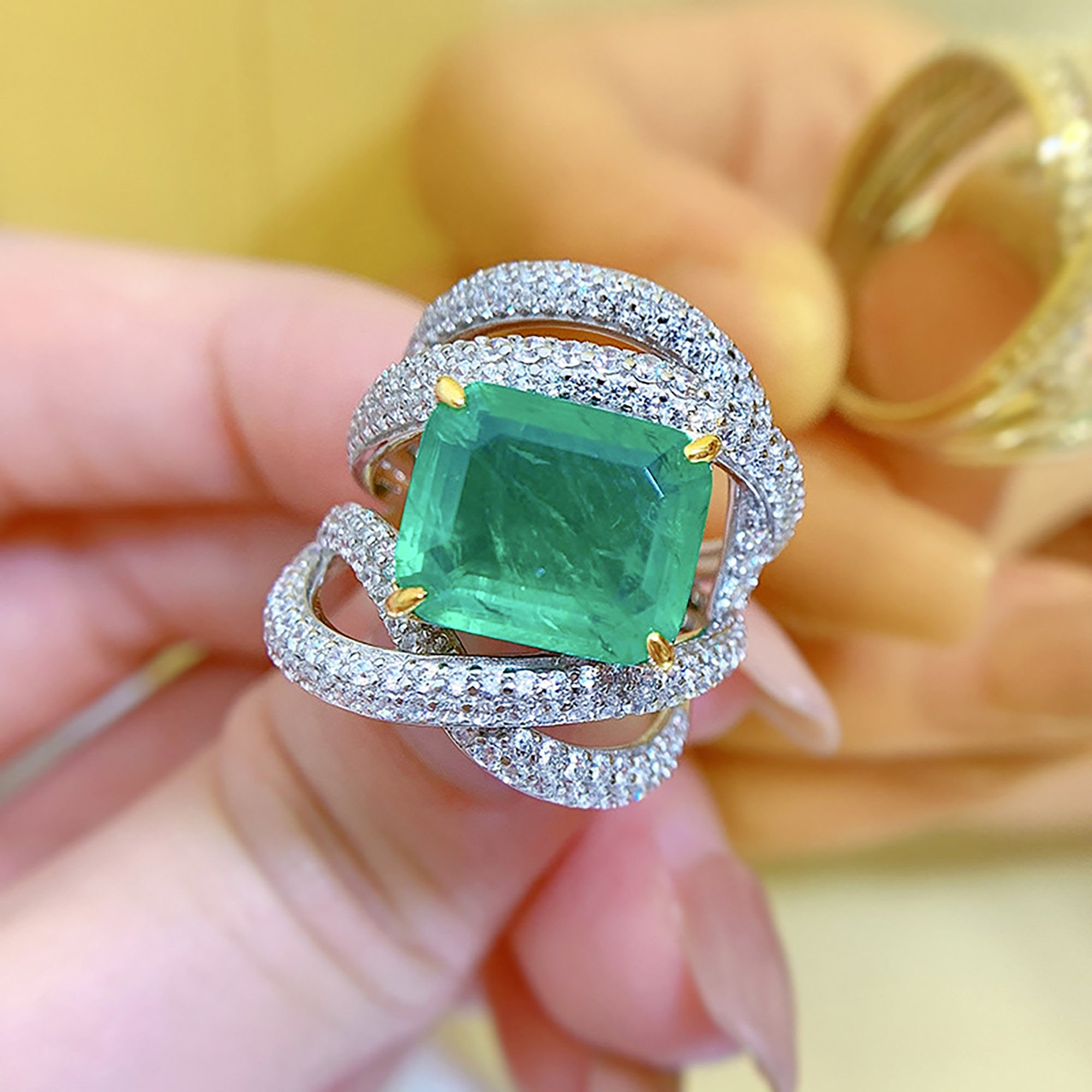 8ct Emerald Cut Vibrant Emerald Sapphire Engagement Ring