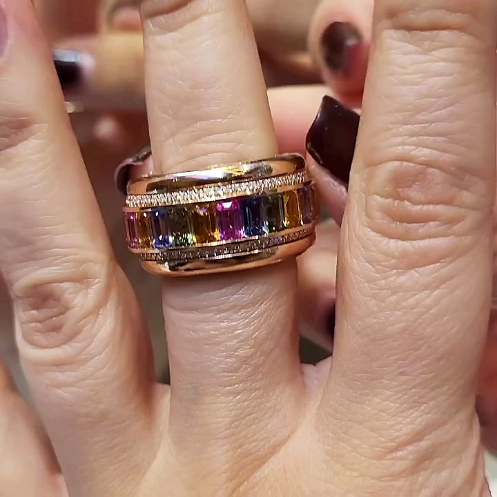 7.75ct Emerald Cut Rainbow Sapphire Eternity Ring