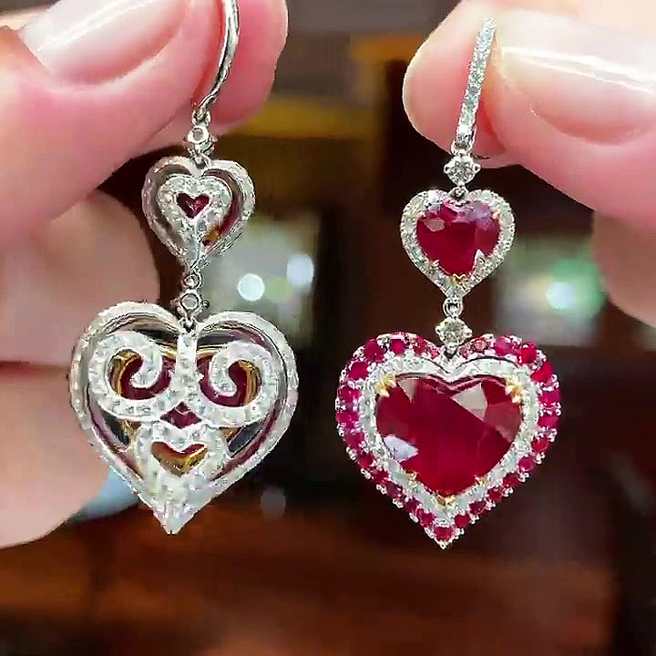 Heart Cut Ruby Sapphire Drop Earrings
