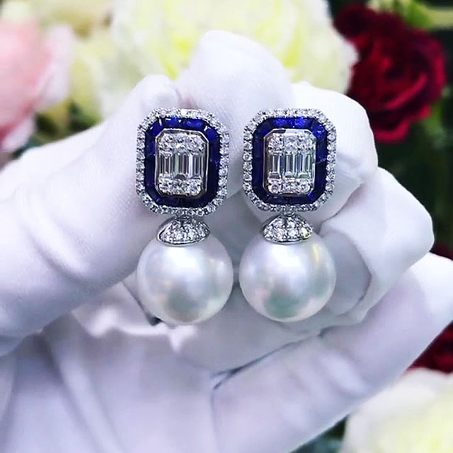 Baguette&Round Cut Blue Sapphire Drop Earrings with Pearl