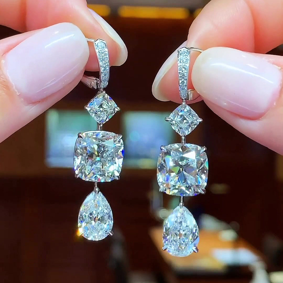 Cushion&Pear Cut White Sapphire Drop Earrings