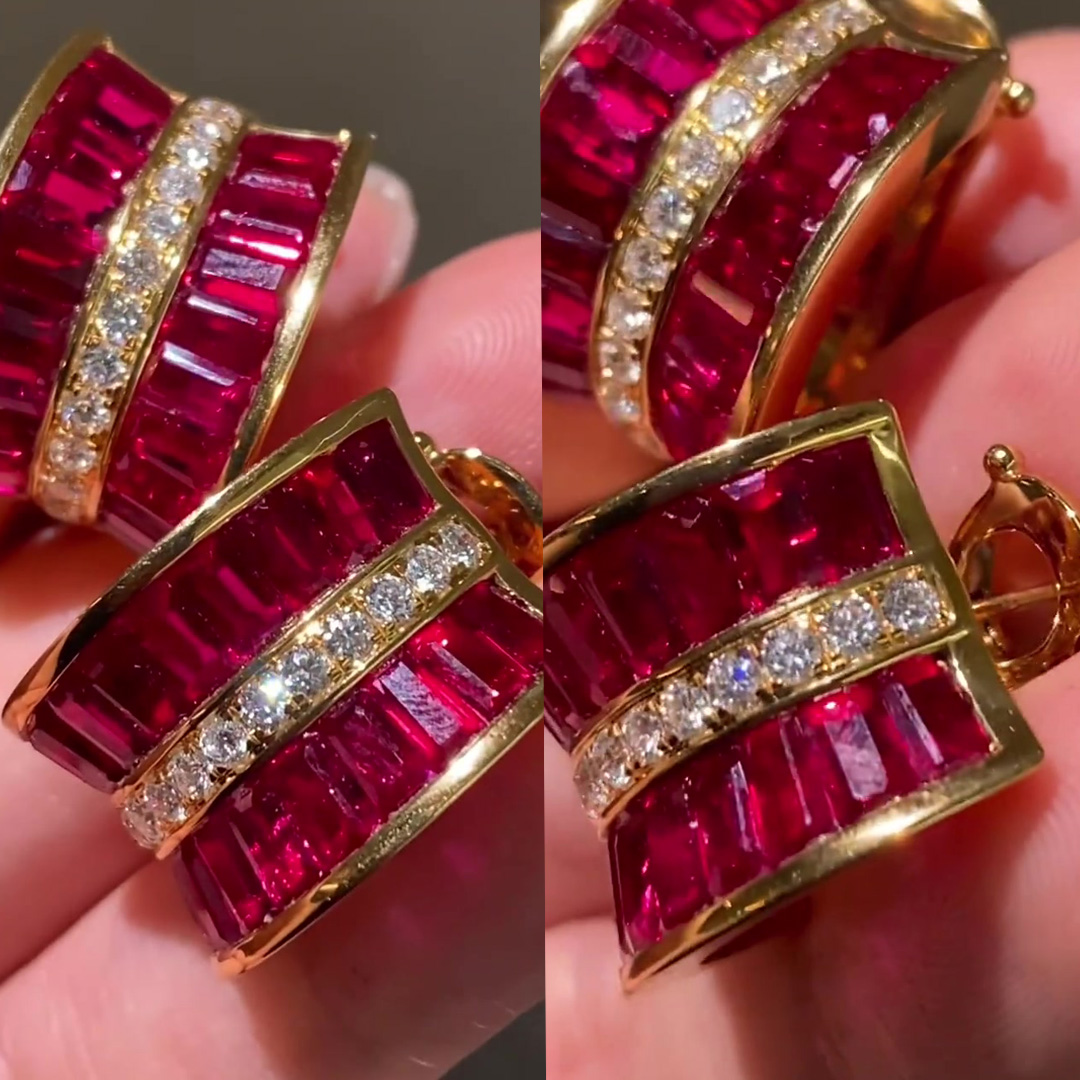 Art Deco Baguette Cut Ruby Sapphire Hoop Earrings