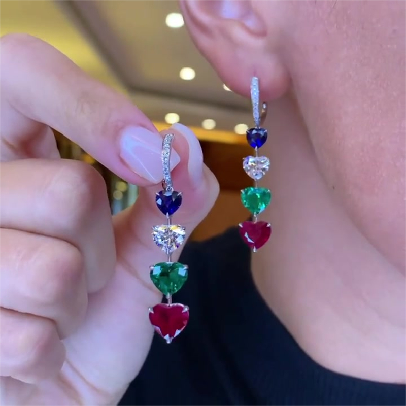 Heart Cut Red&Green&White Sapphire Drop Earrings