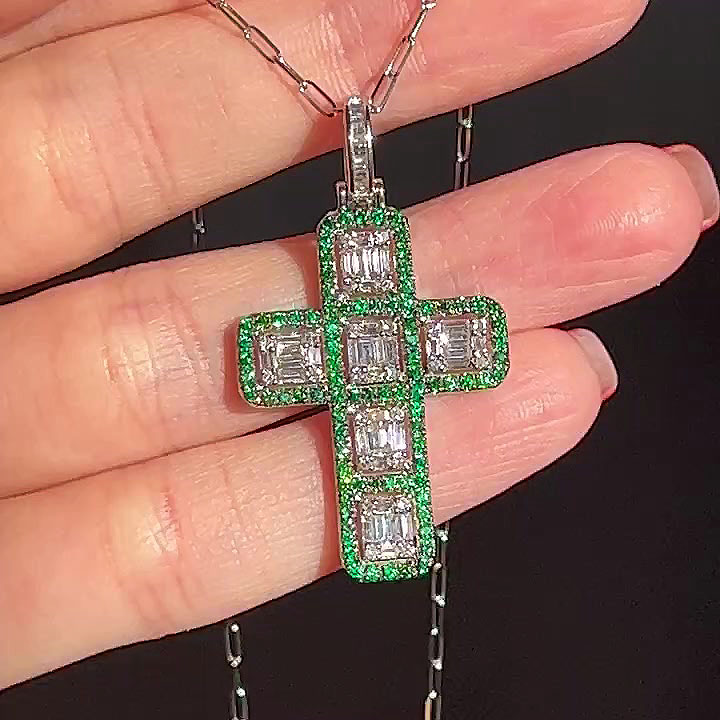 Emerald Cut Emerald Sapphire Pendant Cross necklace