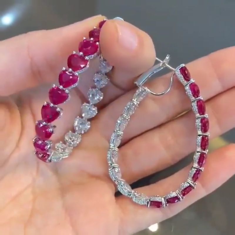 Heart Cut Ruby & White Hoop Earrings In Sterling Silver