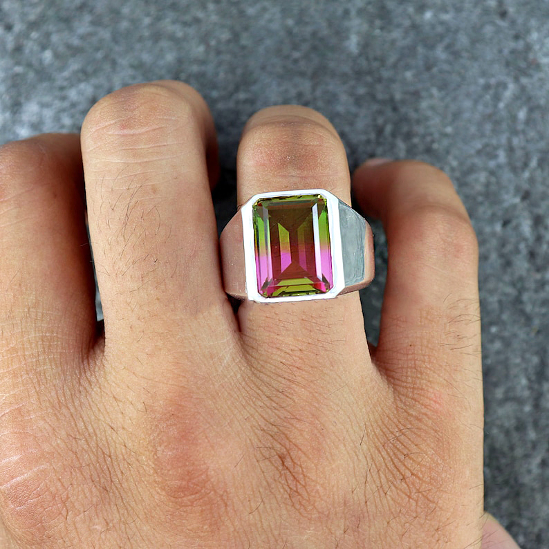 7ct Emerald Cut Watermelon Tourmaline Sapphire Engagement Ring