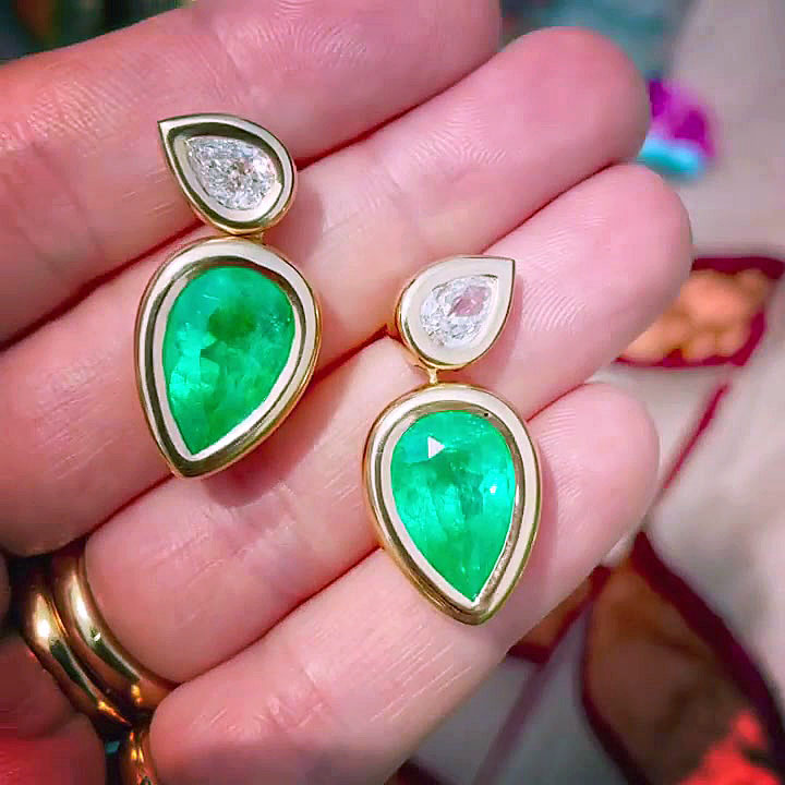 Pear Cut Emerald Sapphire Drop Earrings