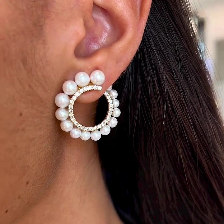 Round Cut White Sapphire Pearl Earrings