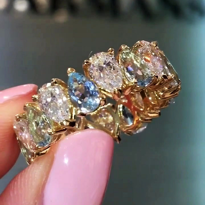 6.25ct Pear Cut White&Aquamarine Sapphire Eternity Ring