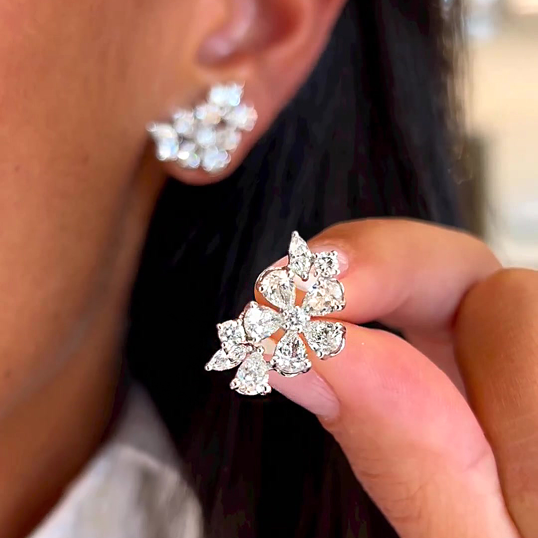 Flower Design Pear Cut White Sapphire Stud Earrings