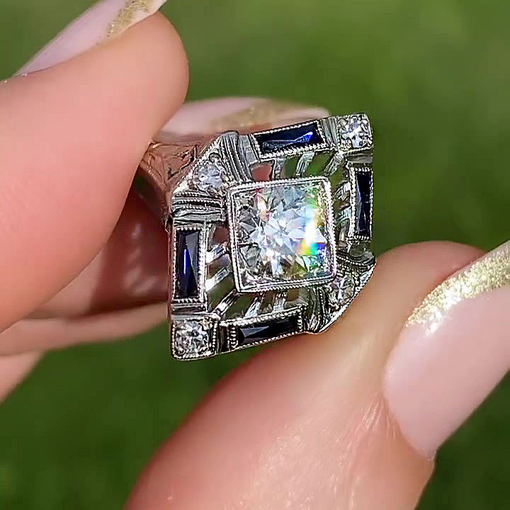 3ct Art Deco Round Cut Blue Sapphire Engagement Ring