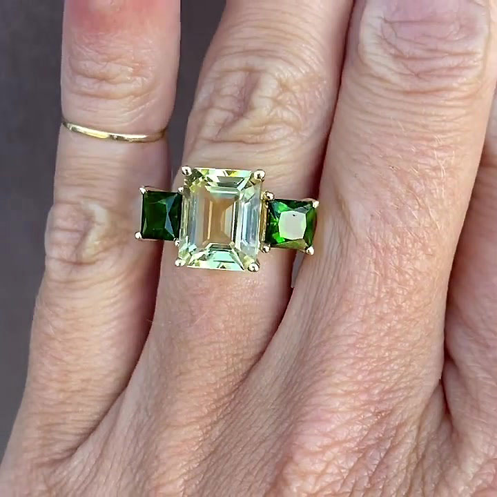 4ct Three-Stone Emerald Cut Green Sapphire Engagement Ring