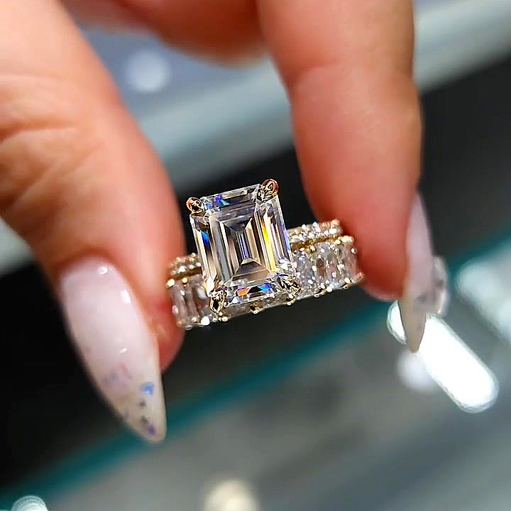 4ct Emerald Cut White Sapphire Wedding Set