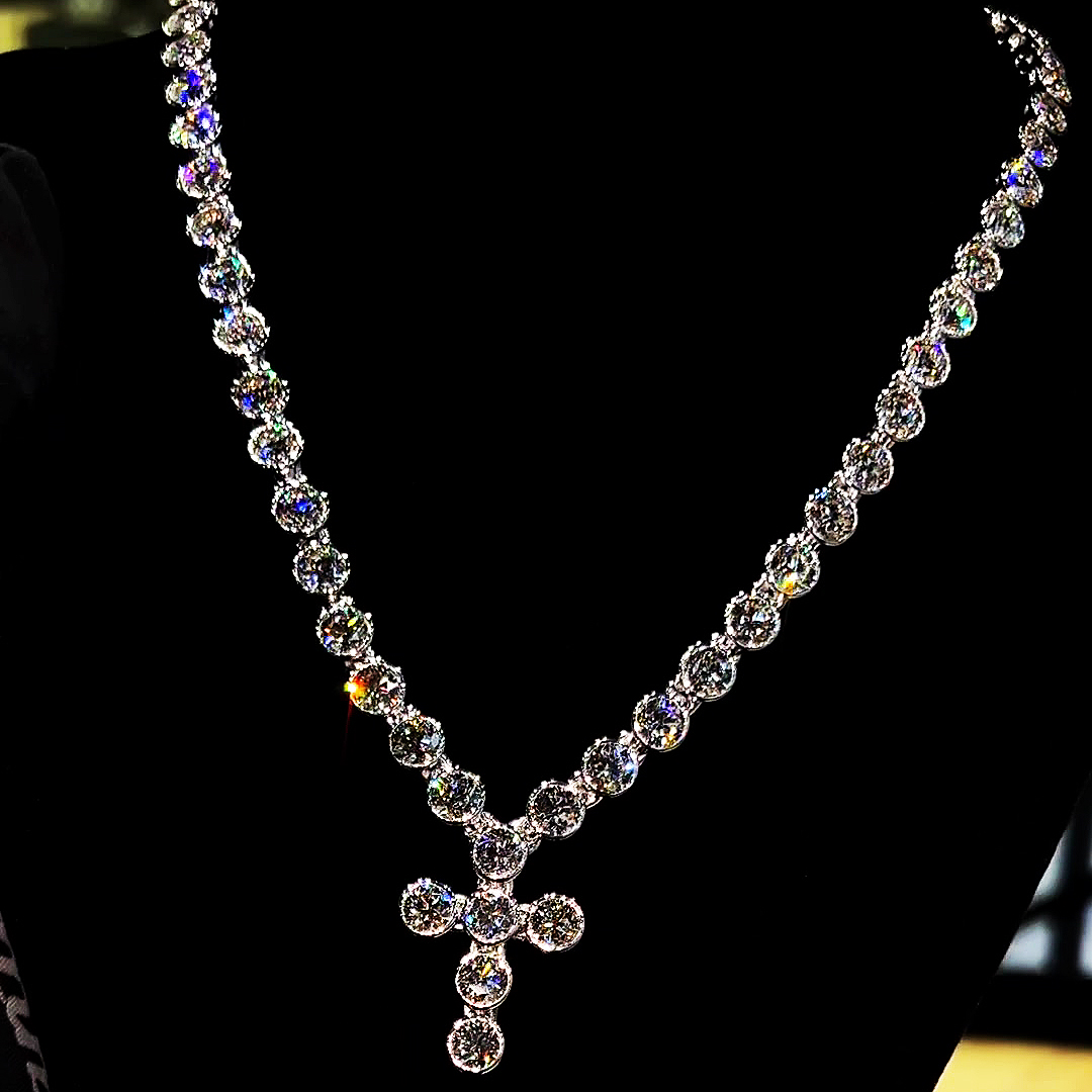 Round Cut White Sapphire Cross Necklace