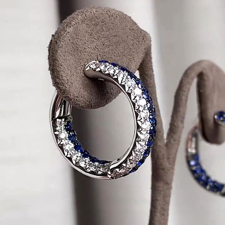 Round Cut White&Blue Sapphire Hoop Earrings