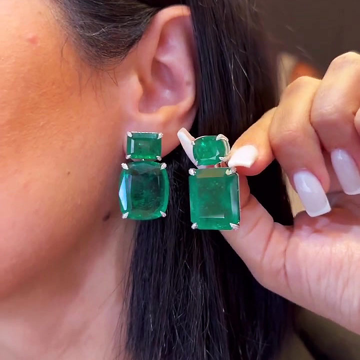 Emerald Cut Emerald Sapphire Drop Earrings