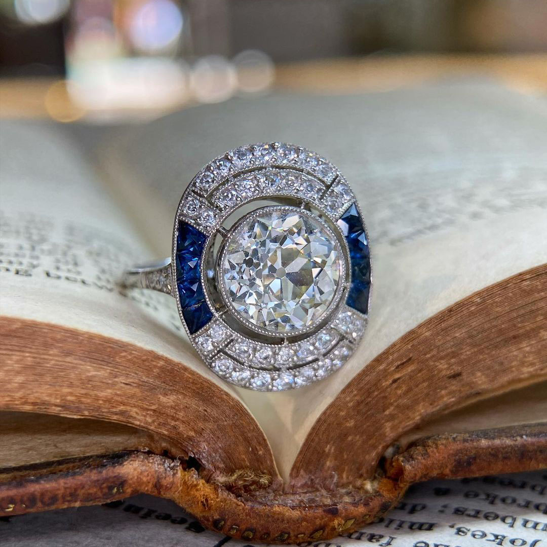 4ct Art Deco Round Cut Blue Sapphire Engagement Ring