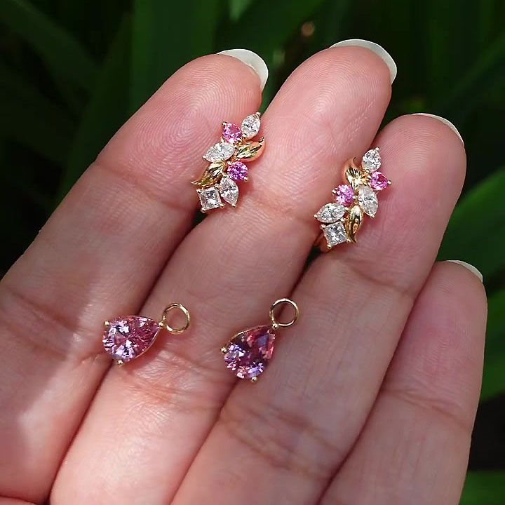 Pear Cut Pink Sapphire Drop Earrings 2 in 1