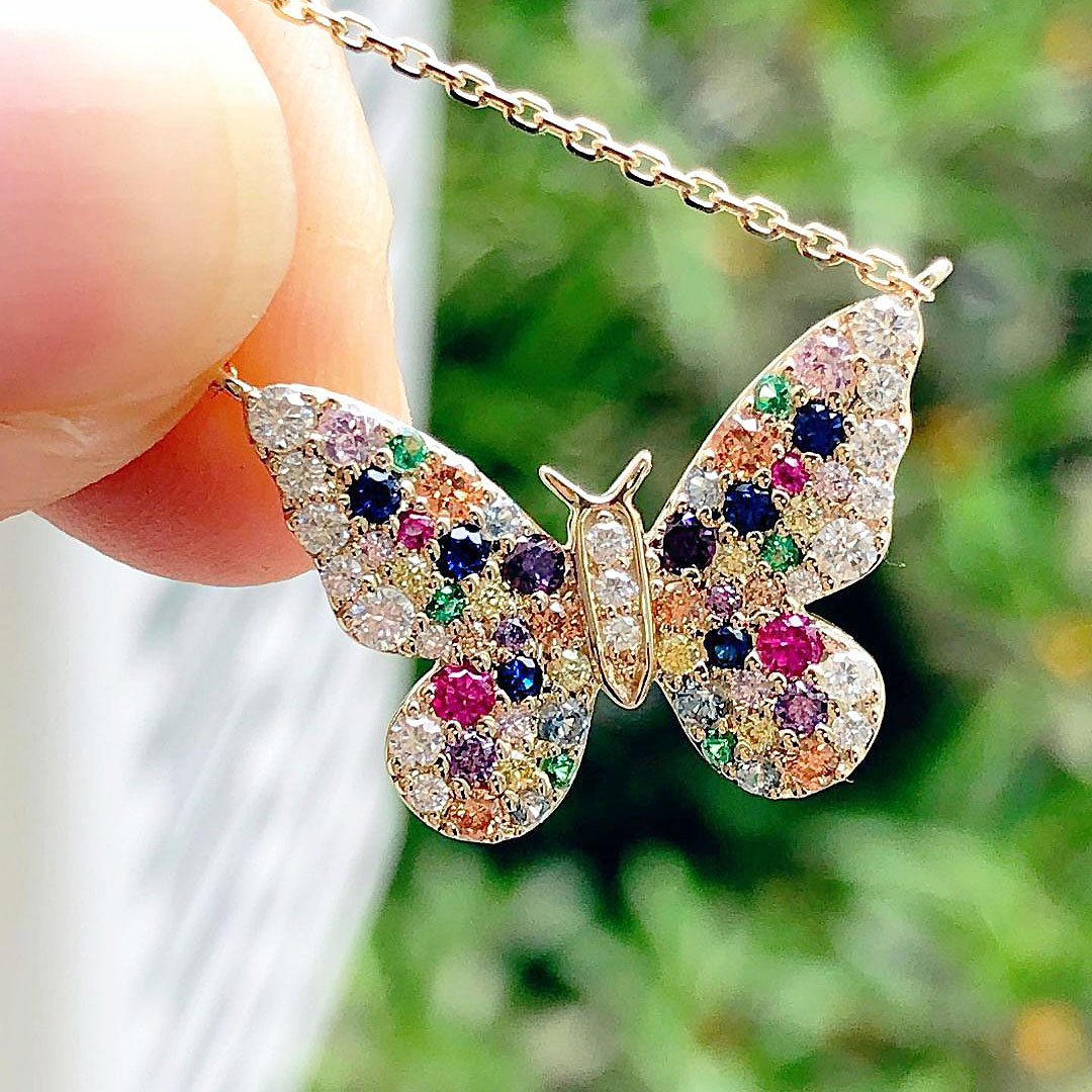 Round Cut Rainbow Butterfly Sapphire Pendant Necklace